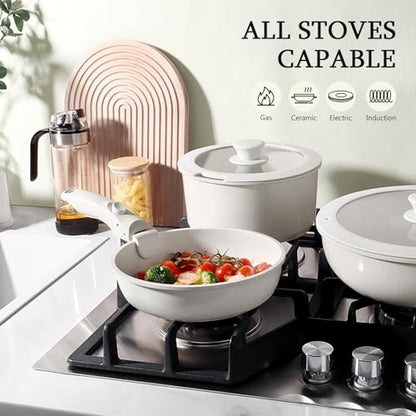 GiPP Non Stick Frying Pans Set Removable Handle, Oven Safe Nonstick Fry Pan Skillets with Detachable Handle, Granite Coating Healthy Cooking Compatible with All Stovetops, PFOA Free, RV Cookware set - color: White, size: 3PCS