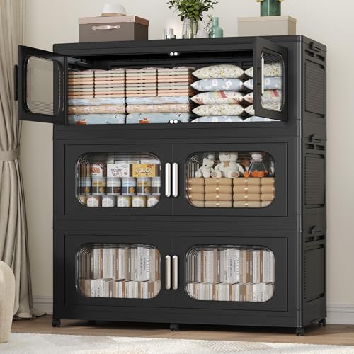 150Gal Exra Large Stackable Storage Bins with Lid, 600QT Collapsible Storage Box with 6x Wheels, Folding Plastic Cabinet Container with Door Drawer for Home Kitchen Office Dorm, 3Pack Black - color: Black, size: 150Gal-3Pack