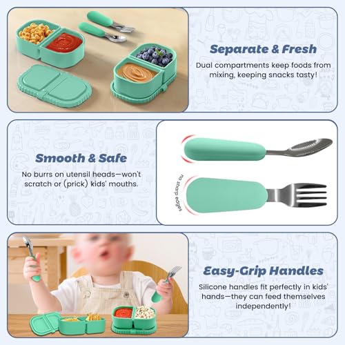Silicone Snack Containers for Kids, Green, 8.5Oz, 2-Compartment | Includes Spoon and Fork, BPA Free, Leak Proof, Great for Toddler/Kid/Adult Meal Prep - color: green