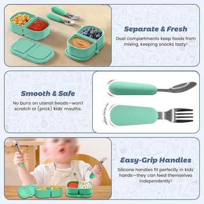 Silicone Snack Containers for Kids, Green, 8.5Oz, 2-Compartment | Includes Spoon and Fork, BPA Free, Leak Proof, Great for Toddler/Kid/Adult Meal Prep - color: green