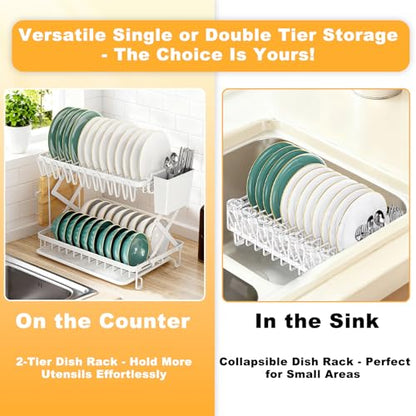 2-Tier Dish Racks for Kitchen Counter, Large Dish Drainers for Kitchens Counter Stainless Steel Kitchen Dishes Drying Rack, Space Saving Dishes Strainer for Bowl, Plate, Cup - Modern Counter Organizer