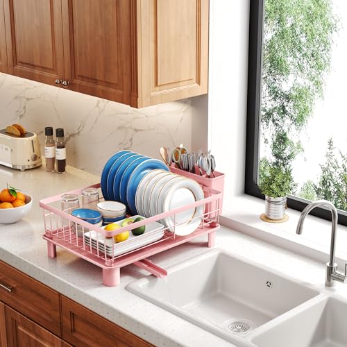 SNTD Dish Drying Rack - Small Dish Rack for Kitchen Counter, Stainless Steel Dish Drainer with Utensil Holder and Drainboard, 11" W x 15" L (Pink) - color: Pink, size: 11" W x 15" L