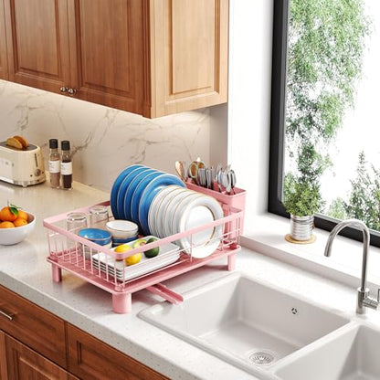 SNTD Dish Drying Rack - Small Dish Rack for Kitchen Counter, Stainless Steel Dish Drainer with Utensil Holder and Drainboard, 11" W x 15" L (Pink) - color: Pink, size: 11" W x 15" L