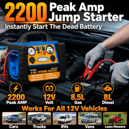 Car Jump Starter with Air Compressor, 2200A Battery Booster Pack for Up to 8.0L Gas & 6.0L Diesel, 150PSI Tire Inflator, 400W Portable Power Station with AC Outlet, 6-in-1 Jump Box for Cars, Trucks - style: 2200AMP