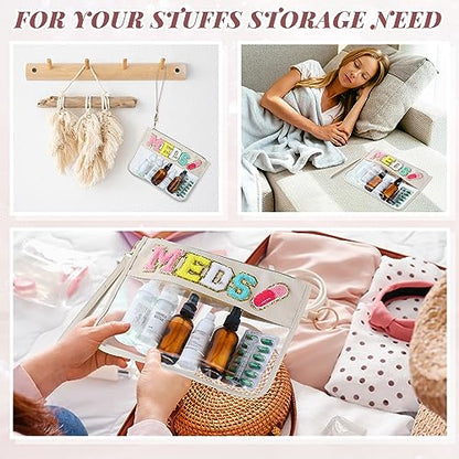 Silkfly Chenille Letter Medicine Meds Medical Bag Makeup First Aid Bag for Travel Preppy PVC Nylon Emergency Patch Cosmetic Toiletry Storage Pouch Waterproof with Handle Zipper for Women(Pretty) - style: Pretty
