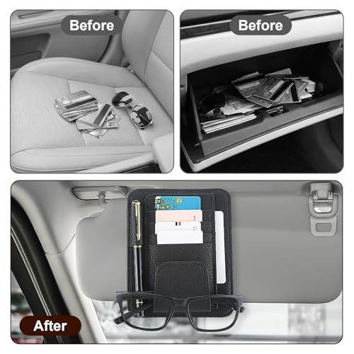 Small Leather Car Sun Visor Organizer with Storage Pouch & Sunglasses Clip, Auto Card Holder Registration/Insurance Slot, Credit Card Pockets, Automotive Interior Organizer for Cars Sun Visor(Black)