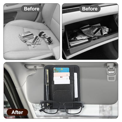 Small Leather Car Sun Visor Organizer with Storage Pouch & Sunglasses Clip, Auto Card Holder Registration/Insurance Slot, Credit Card Pockets, Automotive Interior Organizer for Cars Sun Visor(Black)