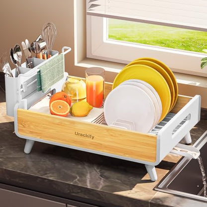 Urackify Dish Drying Rack for Kitchen Counter - Stainless Steel & Bamboo Dish Rack with Large Removable Utensil Holder, Dish Drainer with Adjustable Automatic Spout, White - color: White, size: 1 Tier