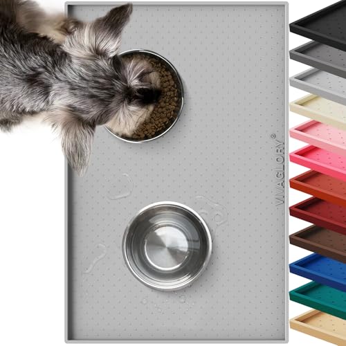 VIVAGLORY Pet Food Mat Grippymat Dog Bowl Mat, 19" L x 12" W, Light Grey | Placemat with Raised Edge for Indoor, Waterproof Silicone for Cat Kitty & Puppy - color: Light Grey, size: 19"L x 12"W