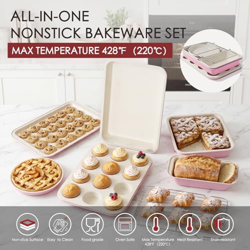 Kikcoin Pots and Pans Set Non Stick 31 Piece Kitchen Nonstick Cooking Cookware Sets with Grill Pan Saucepan Baking Sheet Utensil, Pink - color: Pink&White