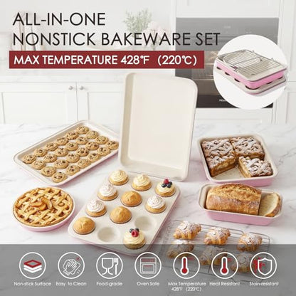 Kikcoin Pots and Pans Set Non Stick 31 Piece Kitchen Nonstick Cooking Cookware Sets with Grill Pan Saucepan Baking Sheet Utensil, Pink - color: Pink&White