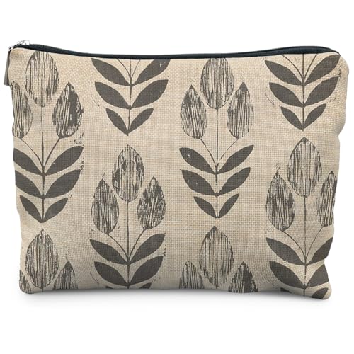 Vintage Boho Beige Floral Makeup Bag, Modern Farmhouse Green Tulip Flower Cosmetic Bags for Women, Contemporary Leaf Botanical Zipper Makeup Pouch - color: Hand-drawn illustrations of plants