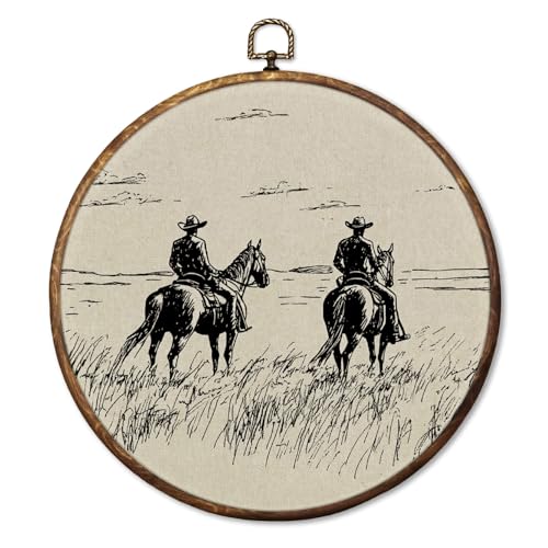 HUGANE Vintage Western Round Wall Art Decor, Rustic Country Cowboys Riding Horse Southwestern Hanging Canvas Framed Prints Wall Sculptures for Home Living Room Office Decor, 10x10 Inch - color: Colour-2