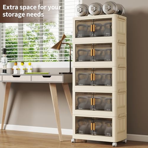 5 Tier Stackable Plastic Storage Bins with Lids 48QT, Collapsible Closet Organizers and Storage with Wheels for Living Room,Office,Dorm - size: 48Qt-5pack