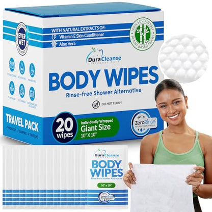 Body Wipes for Adults Bathing No Rinse - 20 Count Travel Shower Wipes - 10 x 10" Individually Wrapped Thick Cleansing Waterless Wash Scrubs - Disposable Washcloths for Camping & Elderly Incontinence - size: 20 Count (Travel Size)