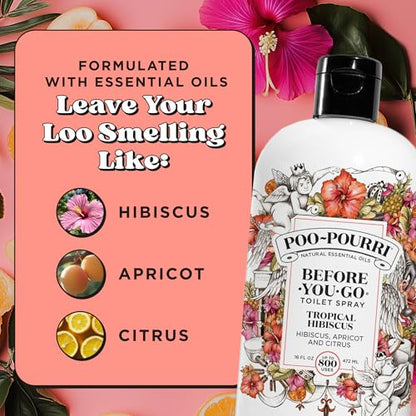 Poo-Pourri Before-You-Go Toilet Spray Refill, Tropical Hibiscus, 16 Fl Oz, Up to 800 Uses, Bathroom Odor Deodorizer with Essential Oils for Home or Work, Hibiscus, Apricot and Citrus Scent - size: 16 Fl Oz (Pack of 1)