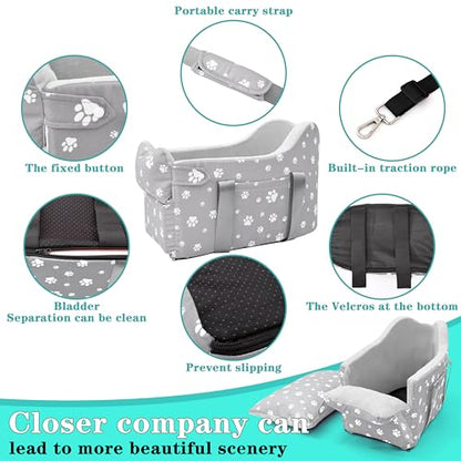 Center Console Dog Car Booster Seat for Small Dogs 0-15 lbs - Grey Pet Travel Carrier Safety Leash, Detachable Seat Belt & Storage Pockets - color: Grey