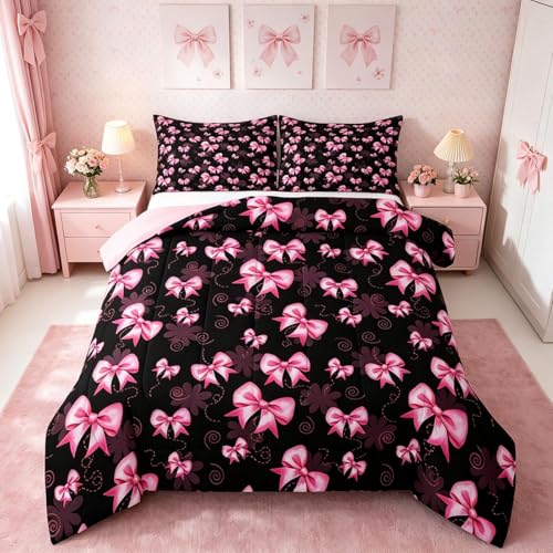 Feelyou Pink Bow Comforter Set for Kids Boys Girls,Full Size,Cute Coquette Bow Knot Bedding Set,Butterfly Knot Princess Duvet Quilt,Bowknot Comforter,Princess Style Bedroom Decor - color: Black Pink, size: Full