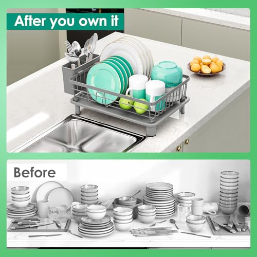 GAOKASE Dish Drying Rack, Stainless Steel-Dish Rack, Dish Racks for Kitchen Counter, Kitchen Dish Drainers with Removable Utensil Holder,New Drain Outlet,Plate Rack and Drainboard,(gray-11 W x 15" L) - color: Gray