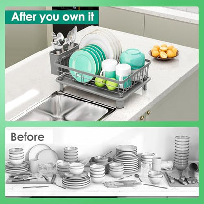 GAOKASE Dish Drying Rack, Stainless Steel-Dish Rack, Dish Racks for Kitchen Counter, Kitchen Dish Drainers with Removable Utensil Holder,New Drain Outlet,Plate Rack and Drainboard,(gray-11 W x 15" L) - color: Gray
