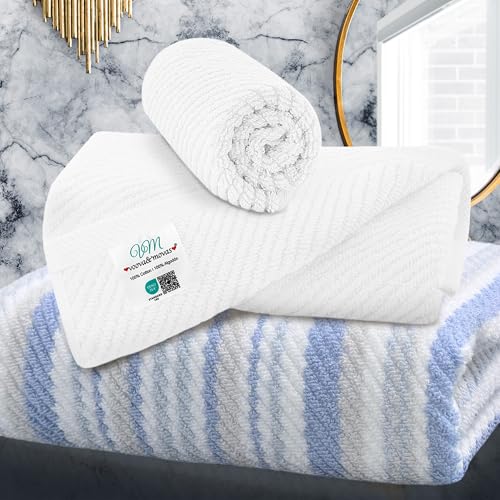VOOVA & MOVAS Towel Set for Bathroom - 100% Cotton, Quick Dry, Thick, 3 Piece Towel Set, 1 Blue Stripe Large Bath 27"x52",1 White Hand 18"x28",1 White Washcloth 13"x13",Dorm Room Essentials - color: White+blue Stripe, size: 3 PC Bathroom Towel Set