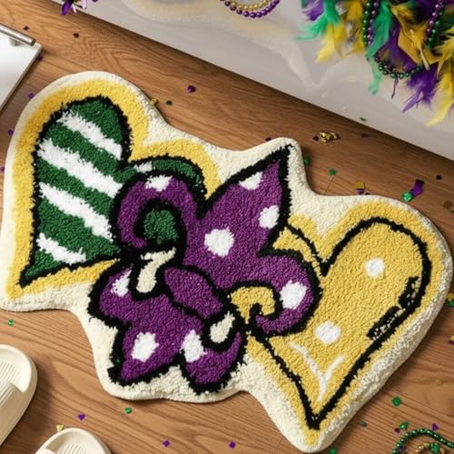 Drydiet Bathroom Rug Cute Purple Green Gold Door Mat Bath Mat Fleur-de-lis Flower Shape Shower Purple Green Gold Bathroom Decoration Rug Non Slip Washable - style: Mardi Gras