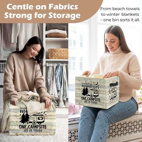Rustic Camping Camper Storage Bin Box with Handles, Making Memories One Campsite at a Time Foldable Linen Fabric Laundry Basket for Home Bedroom Bathroom Clothes Toys Books - color: black