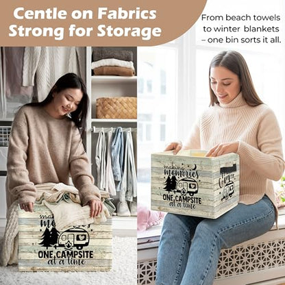 Rustic Camping Camper Storage Bin Box with Handles, Making Memories One Campsite at a Time Foldable Linen Fabric Laundry Basket for Home Bedroom Bathroom Clothes Toys Books - color: black