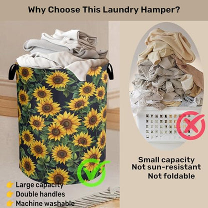 Sunflower Laundry Basket with Handles - Extra Large Foldable Hamper for Bathroom/Laundry/Bedroom/Dorm, Washable Fabric Storage Bin - color: Sunflower