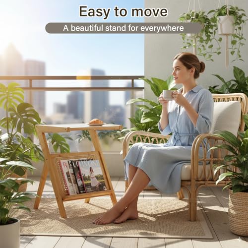 Tiita Rattan Side Table, Mid Century Nightstand, Bamboo Accent Bedside Tables, Glass Coffee Tables, Boho Wooden End Table with Storage for Small Space, Living Room and Bedroom - color: Rattan-l-wood