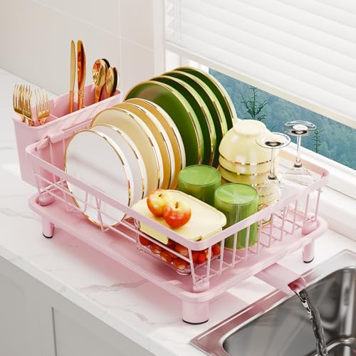 Dish Drainer Rack with Drip Tray, Sink Dish Drainer with Drainage Spout, Stainless Steel Dish Drying Rack with Cups, Utensil & Cutting Board Holders for Kitchen Counter Space-Saving, Pink - color: Pink