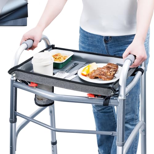 BAGSFY Walker Tray with Cup Holder – Hard Top Walker Accessory for Seniors – Folding Walker Table for Meals, Reading, Drinks – Non-Slip, Easy Install, Universal Fit - color: Grey, size: Tray w/No side storage
