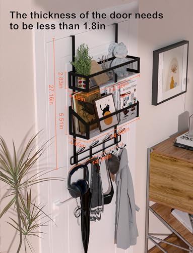 Over The Door Hooks Organizer Storage - Over The Door Hanger for Coat Rack, Storage with 12 Hook & 2 Mesh Baskets, for Bathroom,Bedroom,Kitchen,Office (2Tier Basket with 12 Hooks)