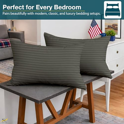 Pillow Cases - Set of 2, Dark Grey Stripe (20" X 28") - Pillow Covers Made of 100% Cotton - 300 Thread Count Super Soft and Breathable Sateen Weave Pillowcases. - color: Dark Grey Stripe, size: (20"X28")