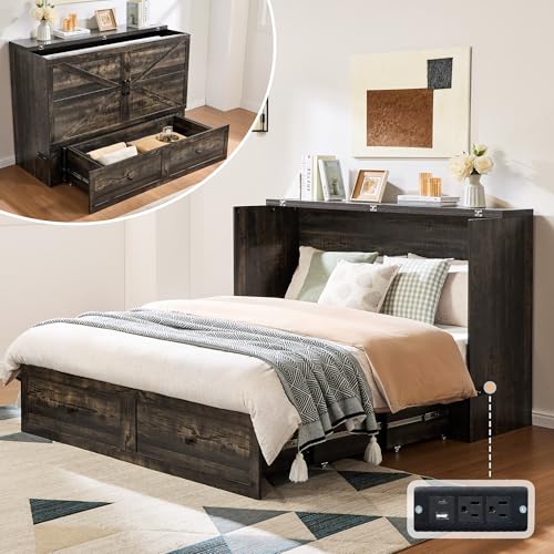 AMERLIFE Queen Murphy Bed Cabinet with Charging Station and Storage, Farmhouse Foldable Platform Bed for Guest Room, Office, Small Spaces, Black Oak - color: Black Oak, size: Queen