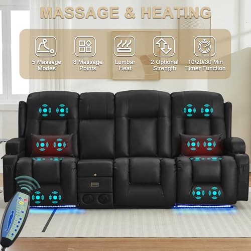 URRED Power Loveseat Recliner Sofa with Massage and Heat, Wall Hugger Reclining Loveseat with Console, RV Couch Home Theater Seating with LED Lights for Living Room (Black, 89.8" - 3 Seats) - color: Black, size: 89.8" - 3 Seats