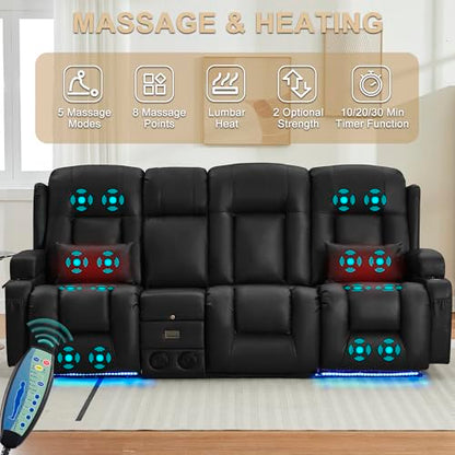 URRED Power Loveseat Recliner Sofa with Massage and Heat, Wall Hugger Reclining Loveseat with Console, RV Couch Home Theater Seating with LED Lights for Living Room (Black, 89.8" - 3 Seats) - color: Black, size: 89.8" - 3 Seats