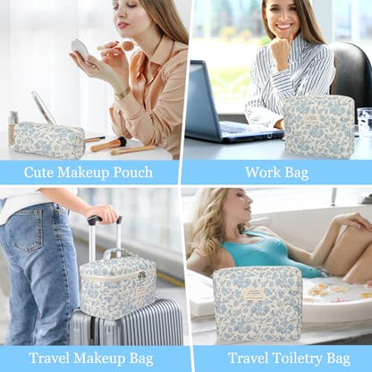 Gosect Large Makeup Bag Set, Quilted Makeup Bag, Floral Cosmetic Bag for Women, Cute Cotton Makeup Bags, Flower Travel Toiletry Organizer Bag (white) - color: BYT