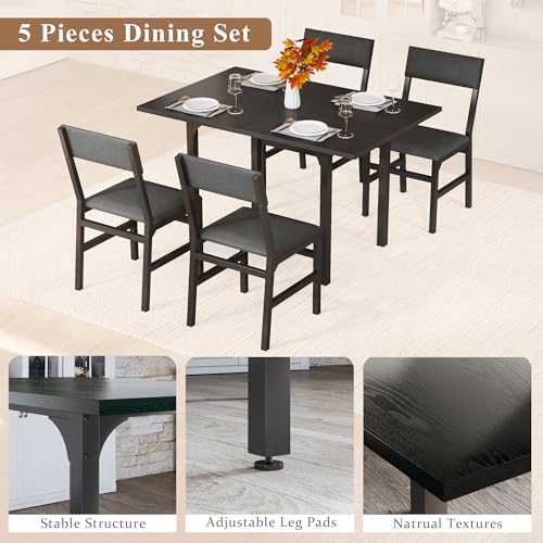 HUAHUU Dining Table Set for 4, Extendable Kitchen Table Cushion Chairs Set of 4, Rectangle Dining Table with Metal Frame & MDF Board, Folding for Small Apartment Saving Space, Black - color: Black
