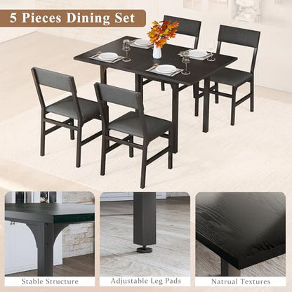 HUAHUU Dining Table Set for 4, Extendable Kitchen Table Cushion Chairs Set of 4, Rectangle Dining Table with Metal Frame & MDF Board, Folding for Small Apartment Saving Space, Black - color: Black