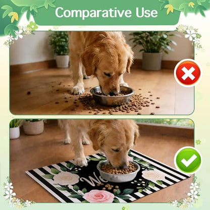 HOMETITUTE Pet Feeding Mat Black White Stripe Pattern 20" x 12", Welcome Sign Flower Design Non Slip Dog Cat Food Mat, Easy Clean Fast Dry Absorbable Pet Bowl Mat for Food and Water - color: colorful9