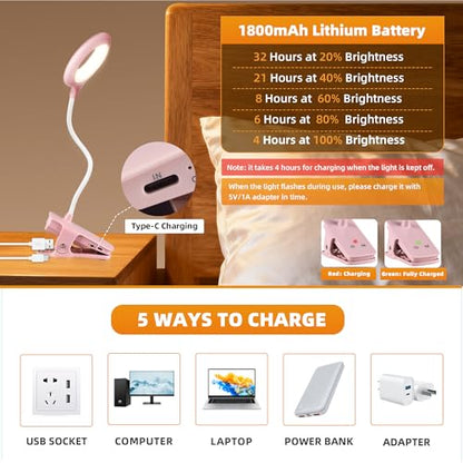 Akynite Desk Lamp LED Clip on Light, 5 Modes 5 Brightness Dimmable Clamp Light, Rechargeable Battery Flexible Clip on Reading Lamp for Bed Headboard Bunk Bed at Night for Kids (Pink) - color: Pink