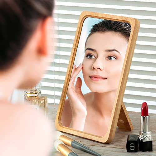 Natural Bamboo Desk Table Mirror, Folding Makeup Mirror with Handheld/Stand,Portable Small Desktop Cosmetic Mirror Good for Travel, Cosmetic, Office,6.5" W x 9.1" L