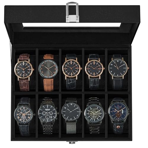 SONGMICS Watch Box, 10-Slot Watch Case Organizer with Large Glass Lid, Removable Pillows, Fathers Day Gift for Dad, Black Synthetic Leather, Black Lining UJWB010B02 - color: Black + Black, size: 10 Slot