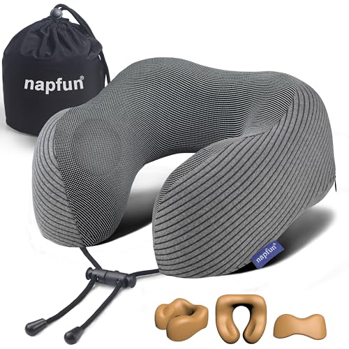 napfun Neck Pillow for Traveling, Upgraded Travel Neck Pillow for Airplane 100% Pure Memory Foam Travel Pillow for Flight Headrest Sleep, Portable Plane Accessories, Dark Gray - color: Dark Gray