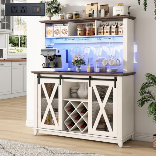 47"Wide 56"H Farmhouse Coffee Bar Cabinet with Power Outlet and LED Light,Wine Bar Cabinet w/3 Storage Hutch,Kitchen Buffet Cabinet with 10 Wine and Glass Racks for Kitchen Dining Room(Antique White) - color: Antique White, size: 47 in