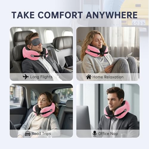 Neck Pillow Travel Pillow - 100% Pure Memory Foam Airplane Pillow with Adjustable Clasp & Removable Cover, Portable Travel Essentials for Long Flights, Car & Office (Pink) - color: Pink