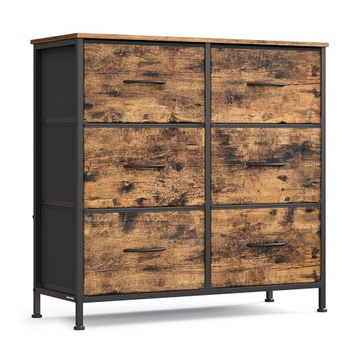 SONGMICS BELLAH Collection - Dresser for Bedroom, Chest of Drawers, Storage Organizer Unit, Closet, Entryway, Steel, 6 Drawers, Industrial, Rustic Brown and Ink Black ULGS123B02S - color: Rustic Brown + Ink Black, size: 11.8"D x 30.2"W x 29"H (6 Drawers)