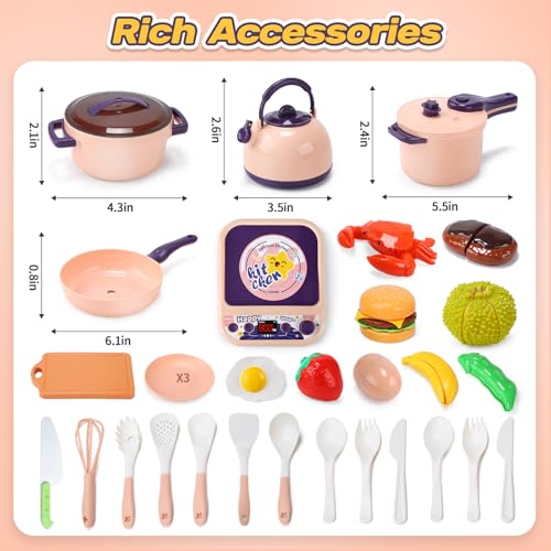 CUTE STONE Kids Kitchen Accessories, Toy Pots & Pans Set with Sound & Light Induction Cooktop, Cuttable & Peelable Play Food, Play Cookware, Educational Role Play Gift for Toddlers & Kids Ages 3+ - style: Purple with induction