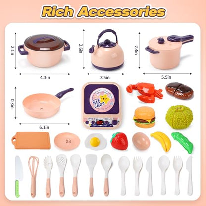 CUTE STONE Kids Kitchen Accessories, Toy Pots & Pans Set with Sound & Light Induction Cooktop, Cuttable & Peelable Play Food, Play Cookware, Educational Role Play Gift for Toddlers & Kids Ages 3+ - style: Purple with induction